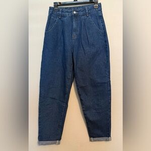 Women’s Pleated Dark Blue Denim Jeans - Classic Relaxed Fit With Rolled Cuff